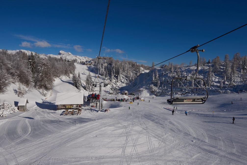 Chairlifts at Vogel Ski Resort in the Slovenian Alps in Slovenia