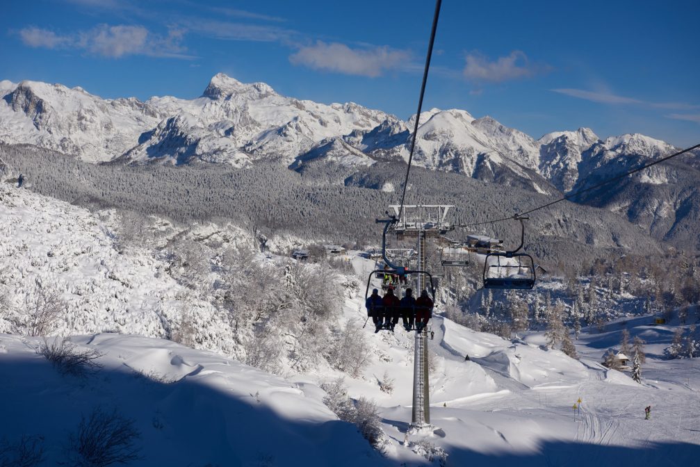 Chairlifts at Vogel Ski Resort on a clear sunny winter day