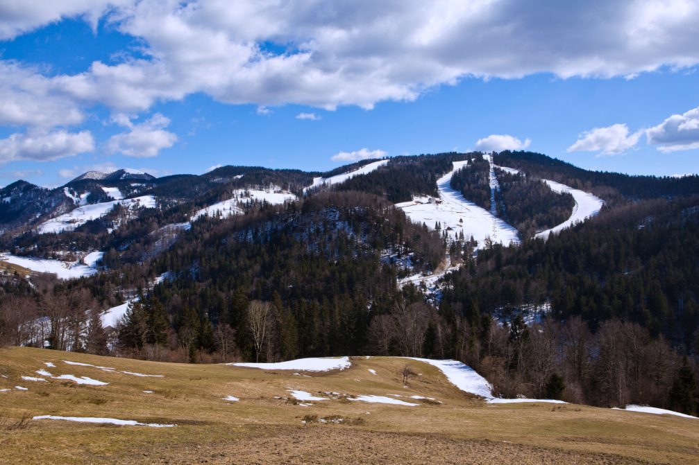 View of Cerkno Ski Resort located on the Crni Vrh hill in western Slovenia