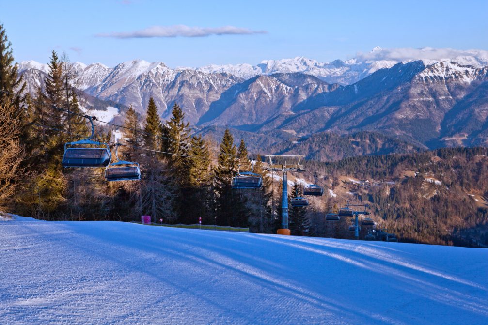 A modern six persons chair lifts at Cerkno Ski Resort in Slovenia