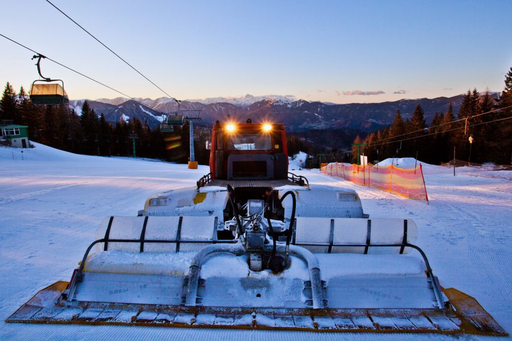 A snow groomer at Cerkno Ski Resort in Slovenia