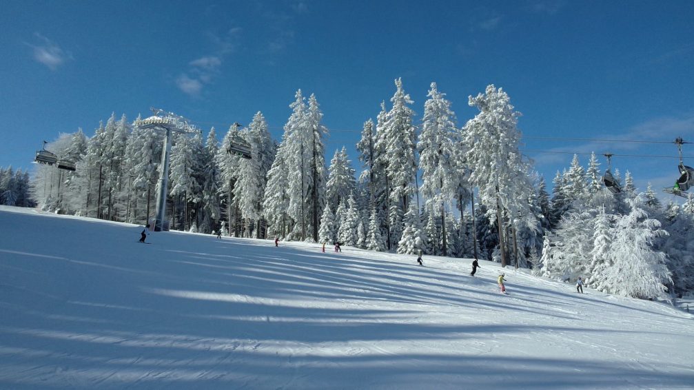 A group of skiers at Maribor Pohorje Ski Resort in Slovenia