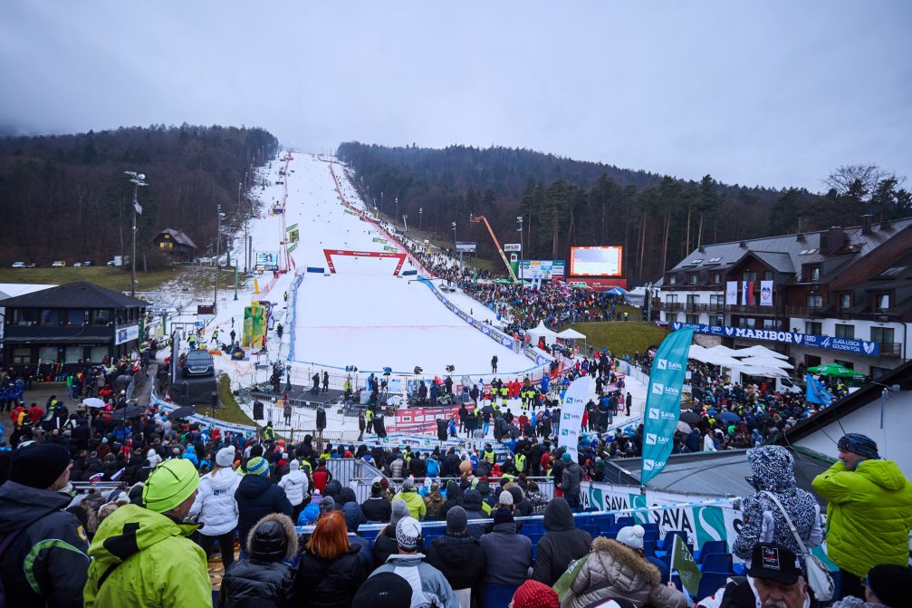 World cup skiing event at Maribor Pohorje Ski Resort in Slovenia