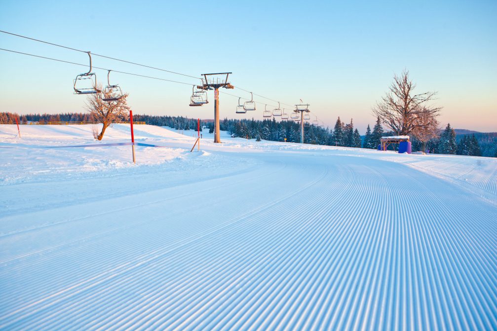 A well groomed ski runs in the morning at Rogla Ski Resort in Slovenia