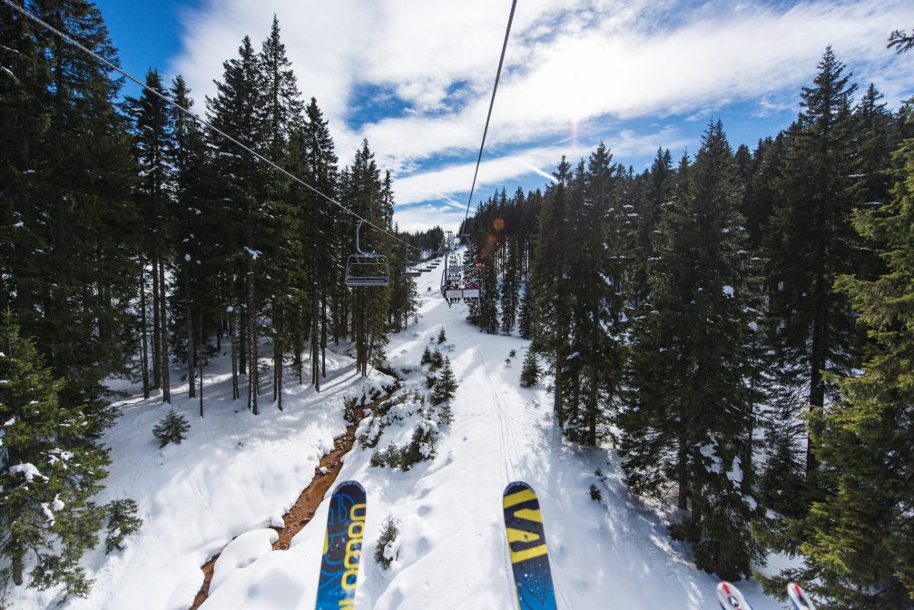 A first person view from a chairlift at Rogla Ski Resort in Slovenia