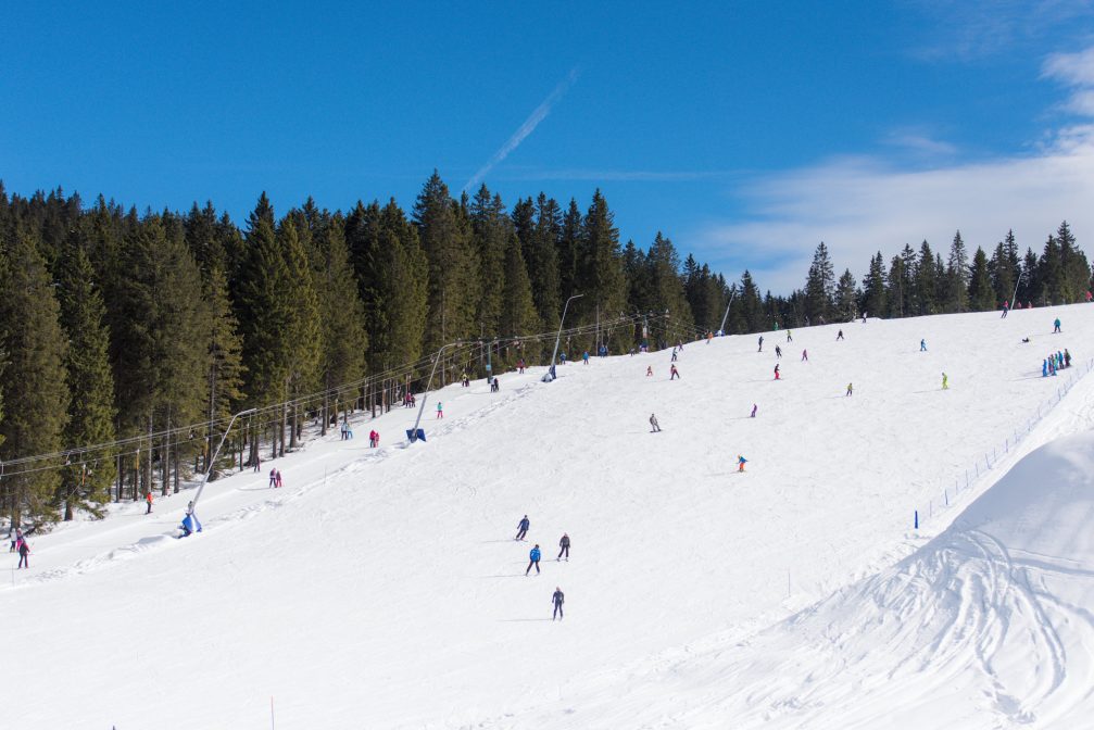 A group of skiers at Rogla Ski Resort in Slovenia