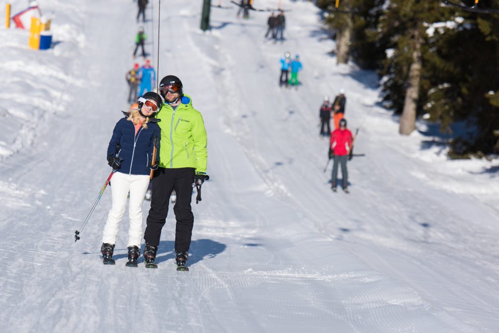 A group of skiers using T-bar lifts at Rogla Ski Resort in Slovenia