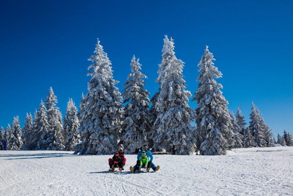 Families with kids sledding at Rogla Ski Resort in Slovenia