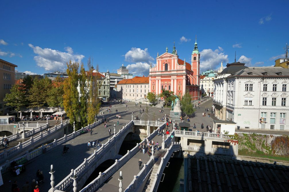 Elevated view of Triple Bridge in Ljubljana, the capital city of Slovenia