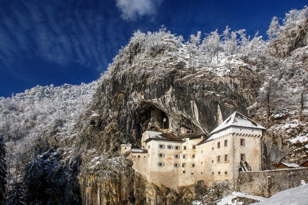 Exterior of Predjama Castle near Postojna in winter