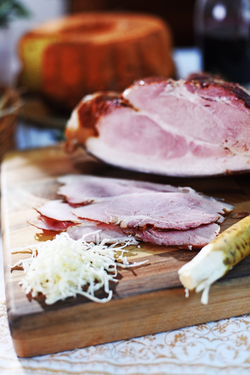 Traditional Slovenian Easter Breakfast with smoked ham and horseradish