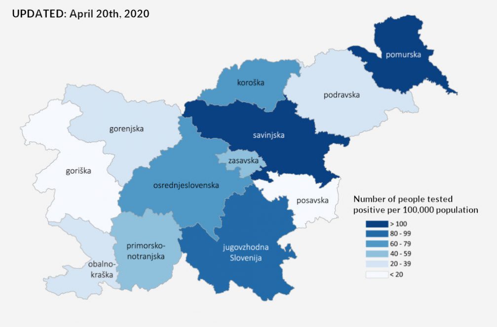 A map showing confirmed Coronavirus COVID-19 cases in Slovenia by region