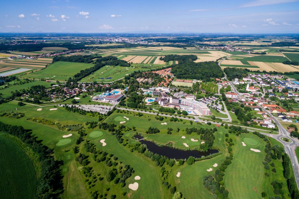 Aerial view of Livada Golf Course and Terme 3000 thermal spa resort In Moravske Toplice