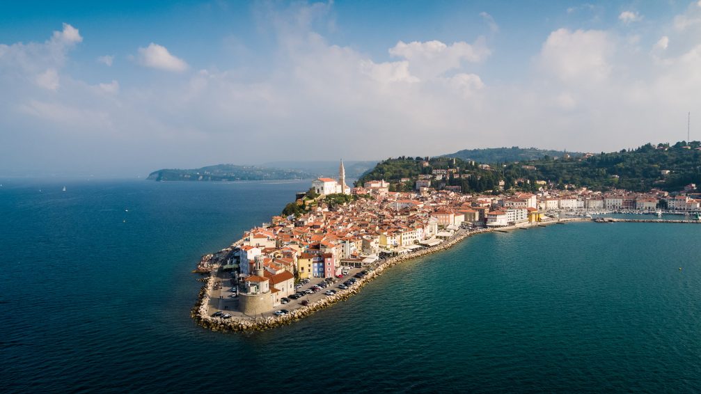 Aerial drone photo of the coastal town of Piran in Slovenia