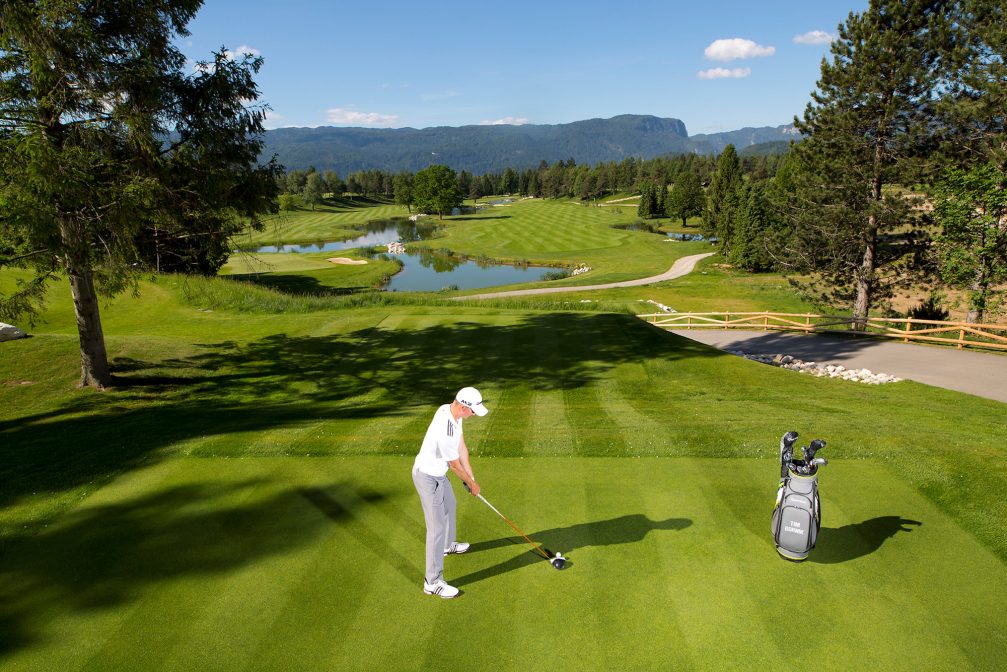 Slovenian Golfer Tim Gornik at 14th tee at Kings Course at Royal Bled Golf in Slovenia