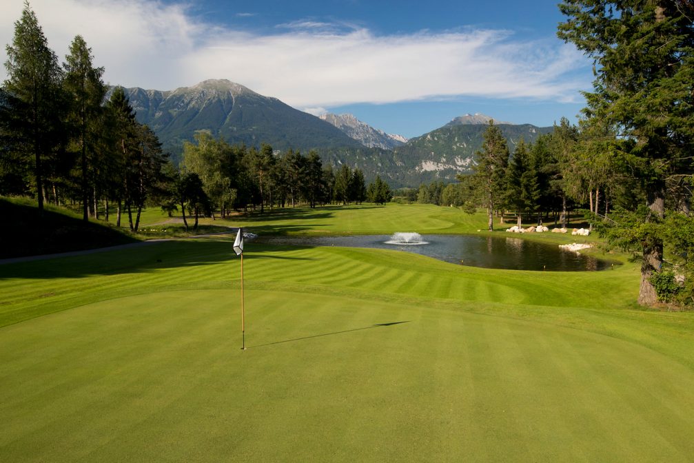 A flagstick at Royal Bled Golf course in Slovenia Kings Course at Royal Bled Golf in Slovenia