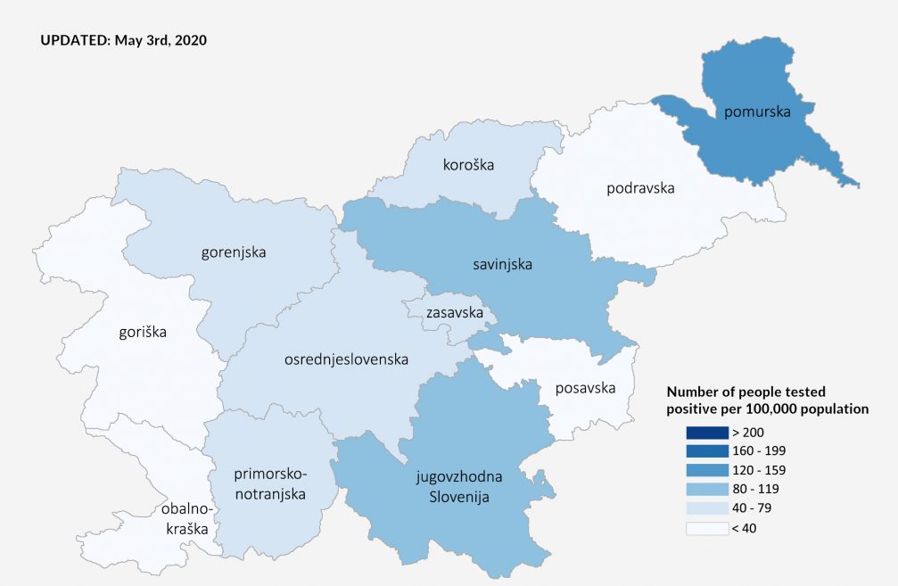 A map with Coronavirus COVID-19 cases in Slovenia by region