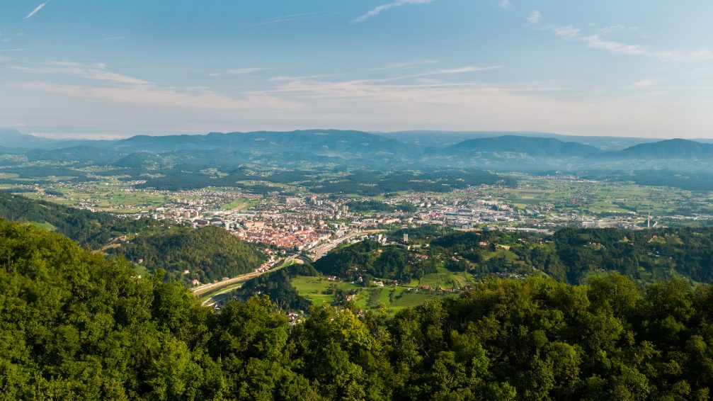 Aerial view of the town of Celje and Savinja Valley