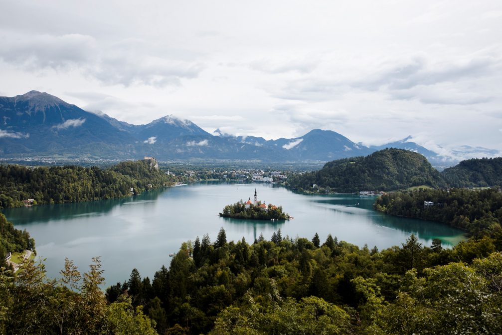 Aerial view of Lake Bled on a cloudy summer day