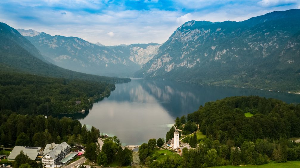 Aerial view of Lake Bohinj in Slovenia