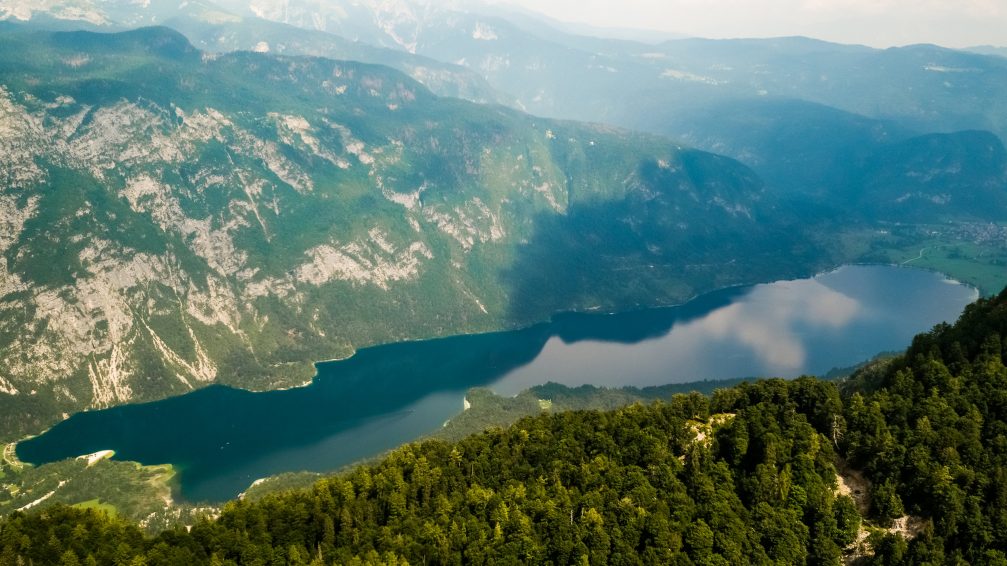 Aerial view of Lake Bohinj from Vogel mountain