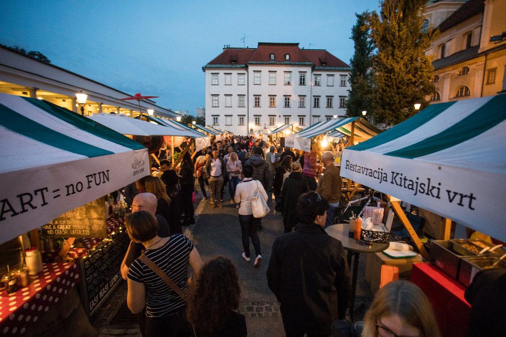 Open Kitchen food market at Pogacar Square in Ljubljana in the evening