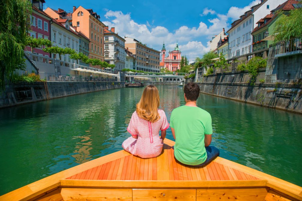 View of Ljubljana, the capital of Slovenia, from the boat on the Ljubljanica river