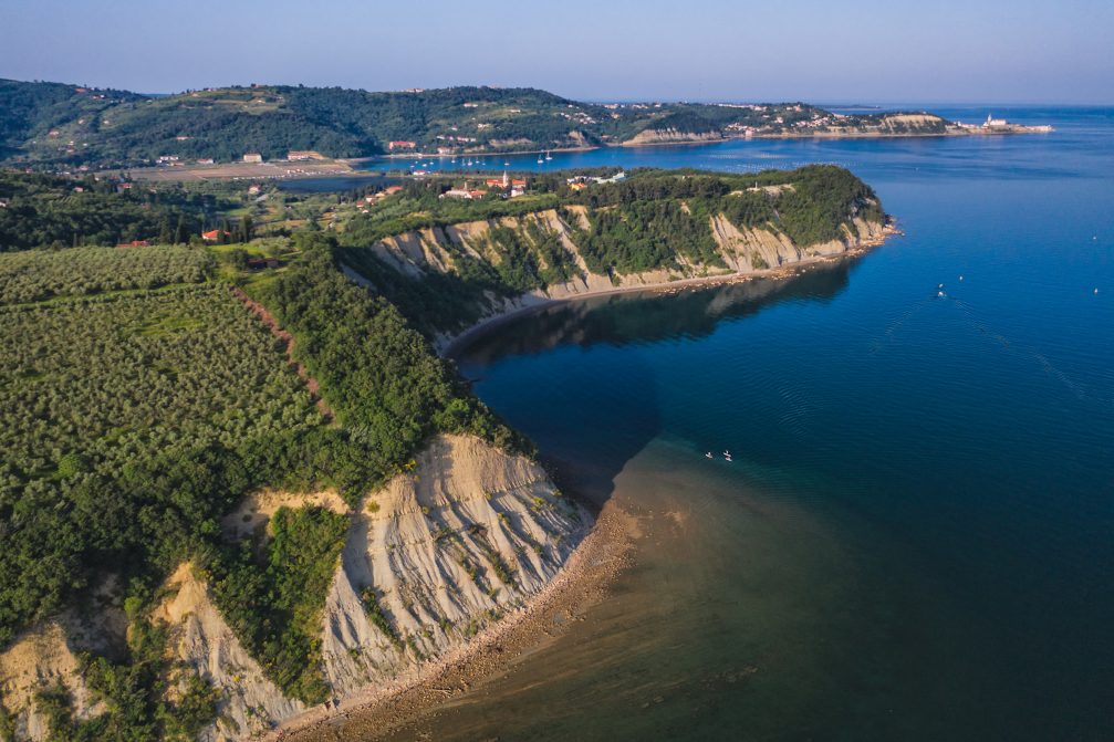 Aerial view of Slovenian Coast on a clear summer day 