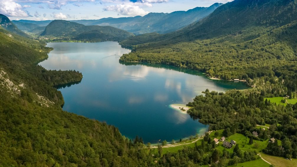 Aerial view of Lake Bohinj from the Ukanc side