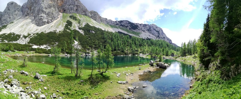 Panorama of Double Lake in Triglav Lakes Valley which is part of Triglav National Park, Julian Alps, Slovenia