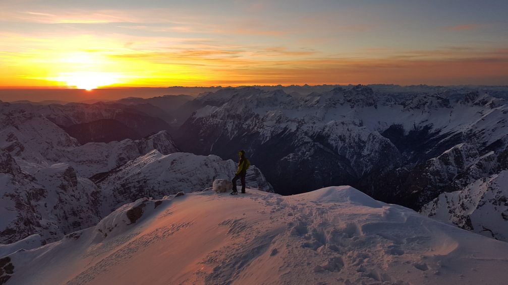 View from Mount Triglav, the highest mountain in Julian Alps at sunset