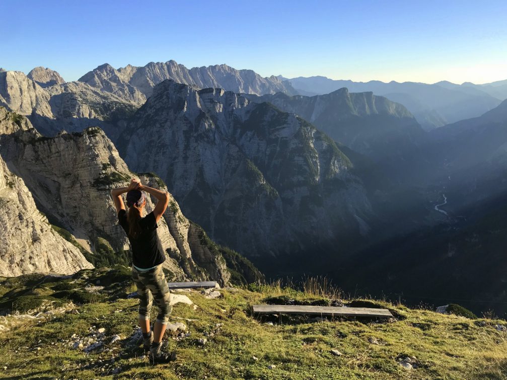 View of Trenta Valley from Kriski Podi high-mountain Karst plateau in Julian Alps