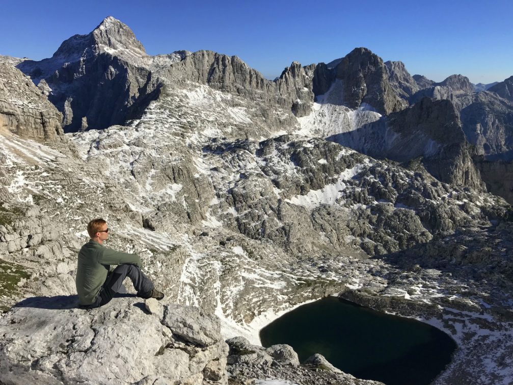 Aerial view Upper Kriz Lake at Kriski Podi high-mountain plateau in Julian Alps in Slovenia.