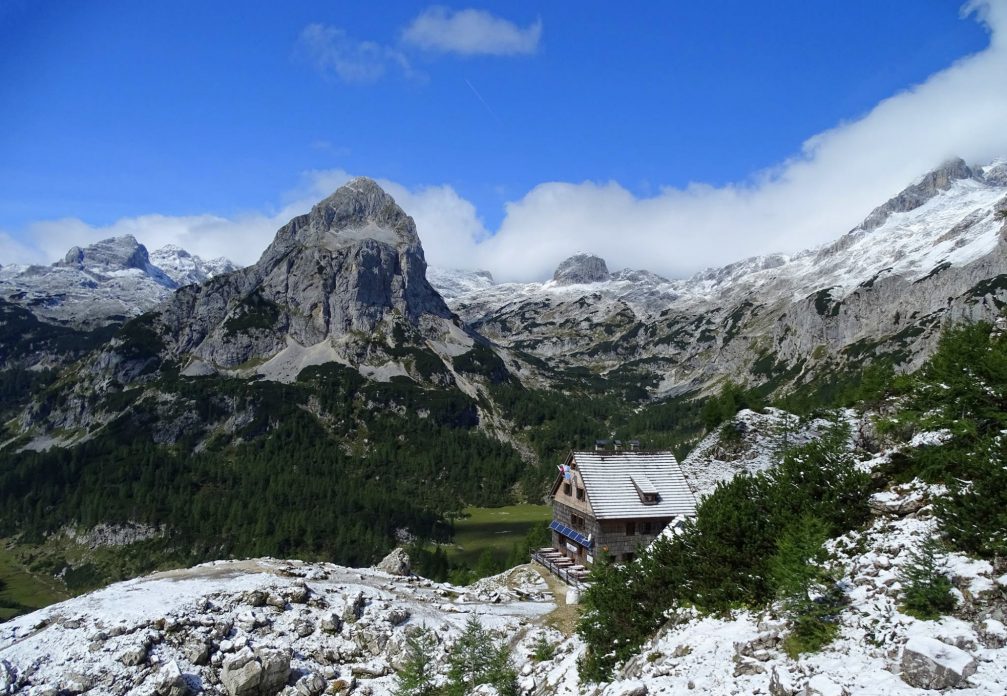 Vodnikov Dom Mountain Hut located below the west slope of Mount Tosc above Velo Polje in Julian Alps.