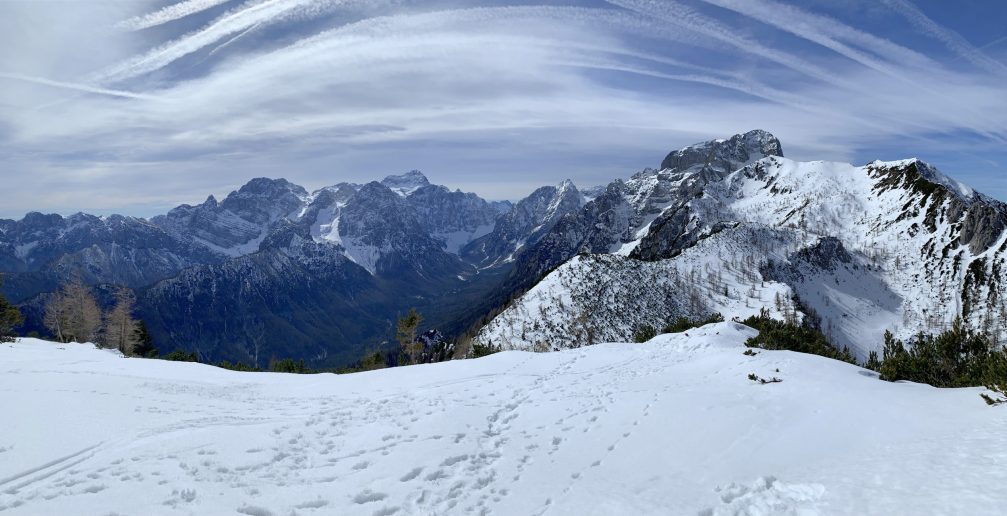 View of Julian Alps from the top of the Vrtaski Vrh mountain above Mojstrana, Slovenia