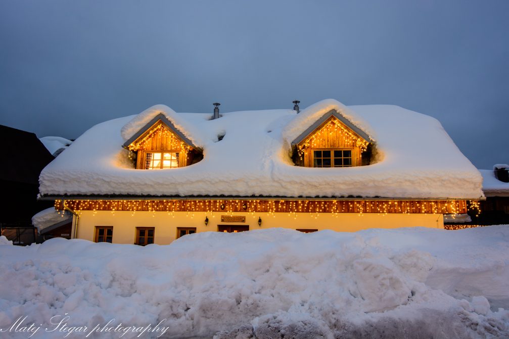 Village of Kranjska Gora covered in snow in winter