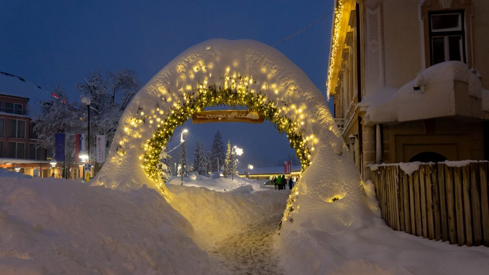 Village of Kranjska Gora in Slovenia during heavy snowfall in winter