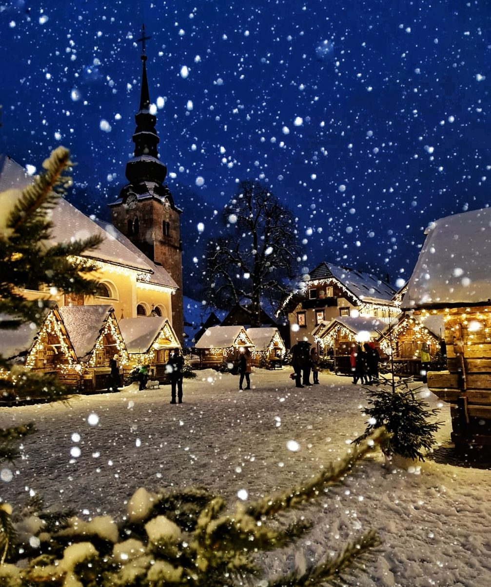 Village of Kranjska Gora in Slovenia during heavy snowfall in winter