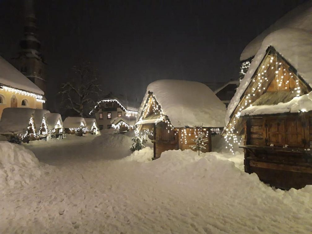 Kranjska Gora in Slovenia during heavy snowfall in at night in the holiday season