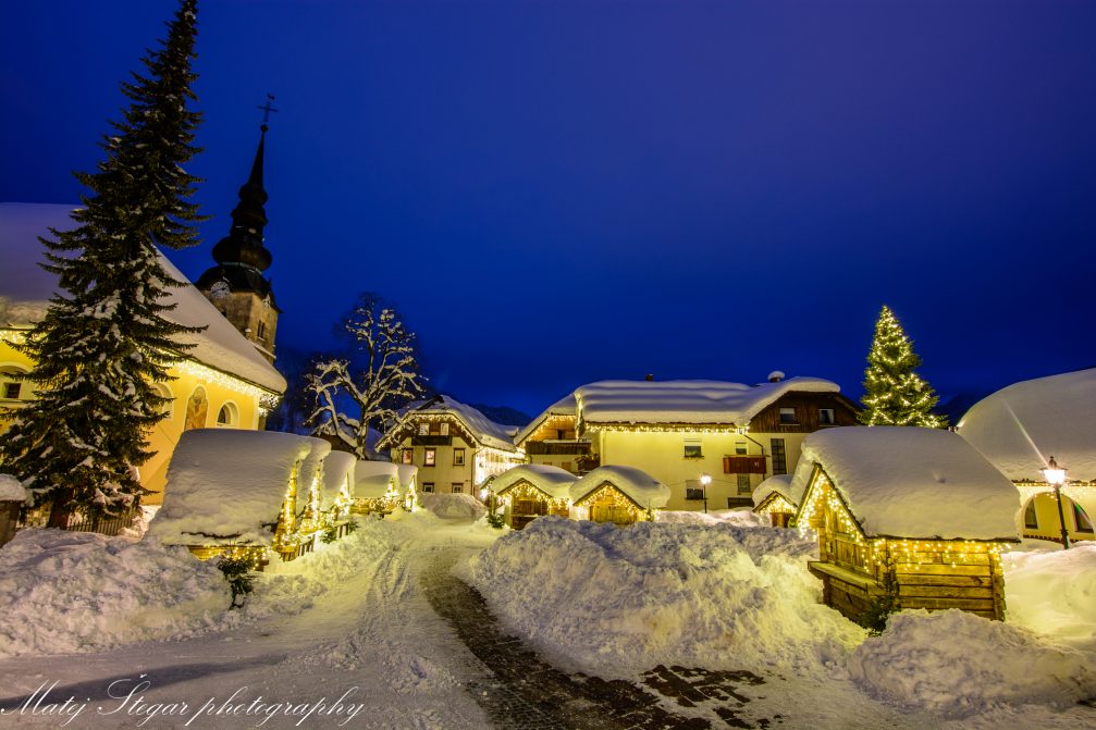 Village of Kranjska Gora covered in snow in winter