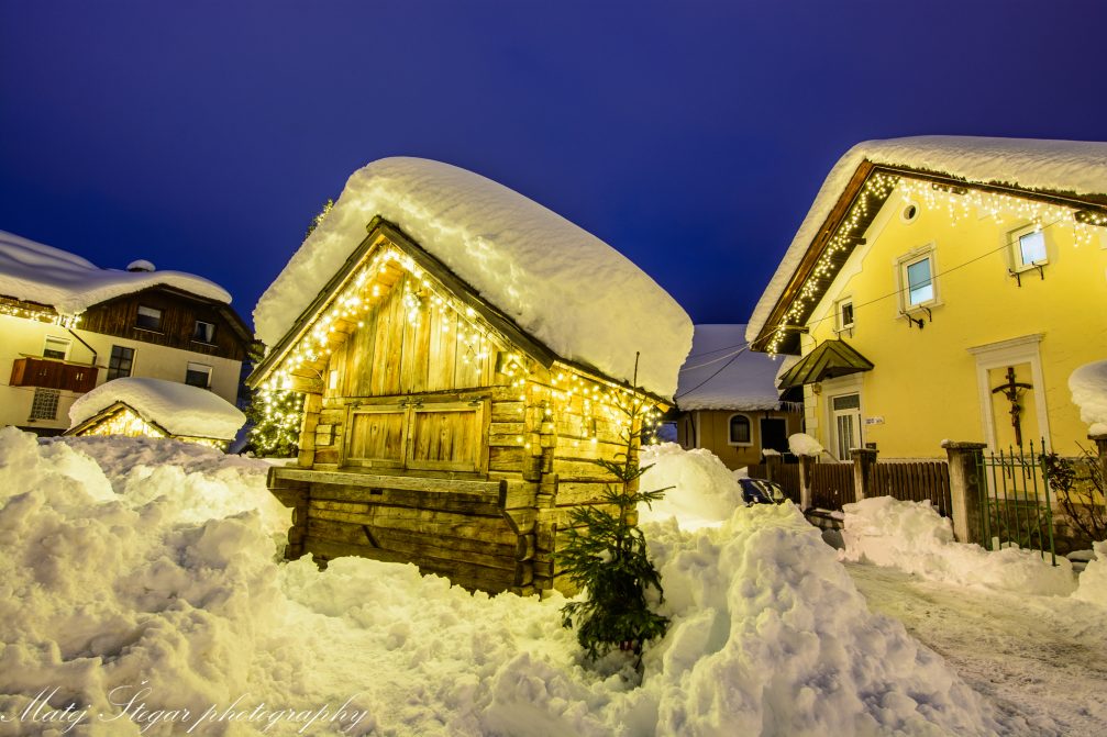 Kranjska Gora in Slovenia covered in snow at night in winter