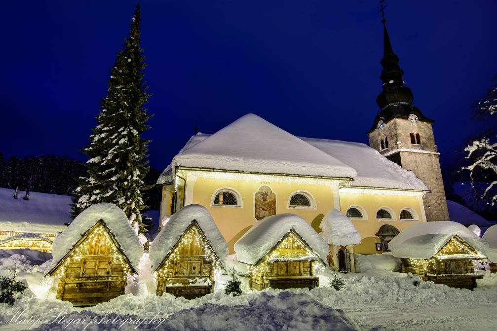 Kranjska Gora covered in snow at night in winter