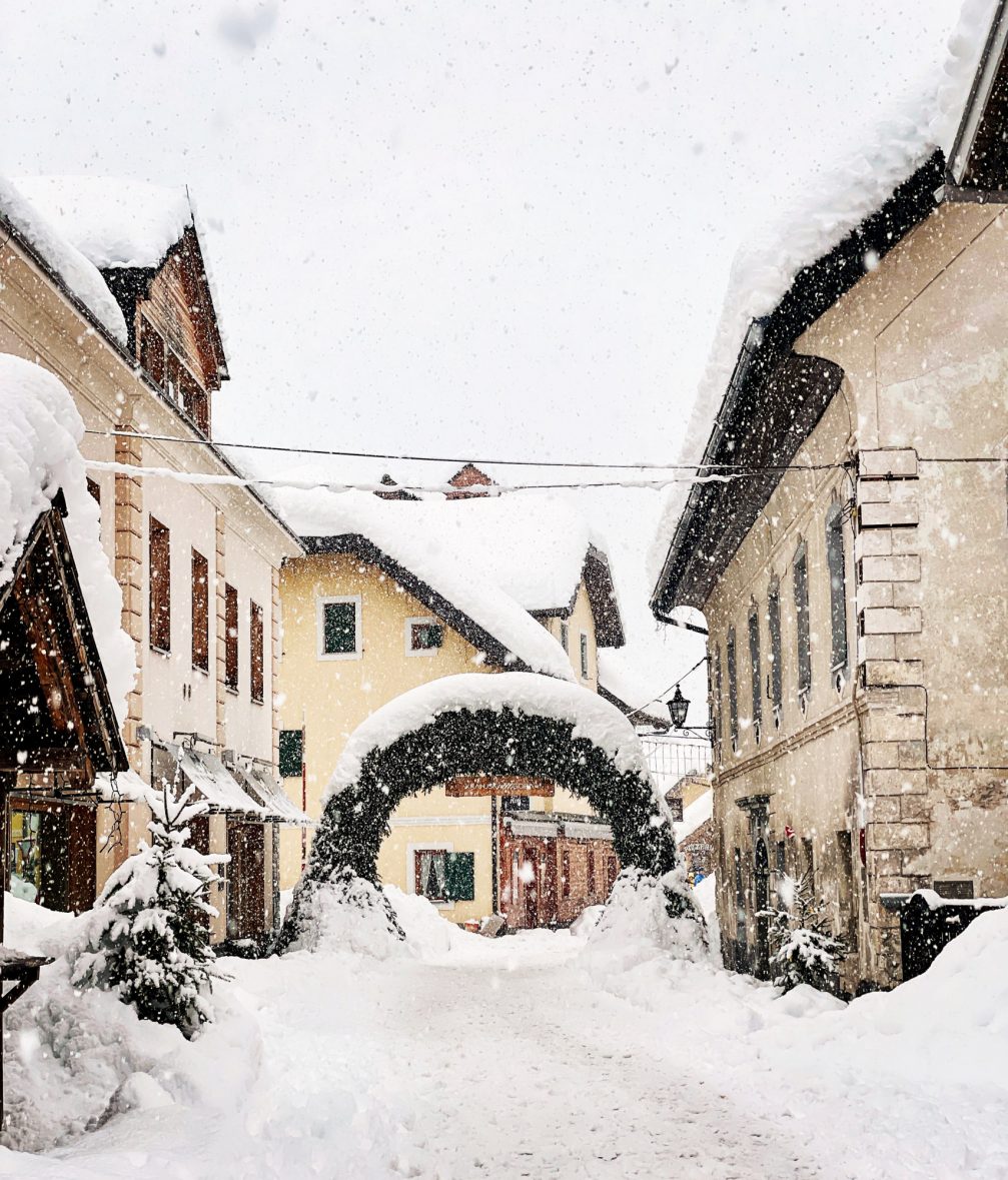 Village of Kranjska Gora in Slovenia during heavy snowfall in winter