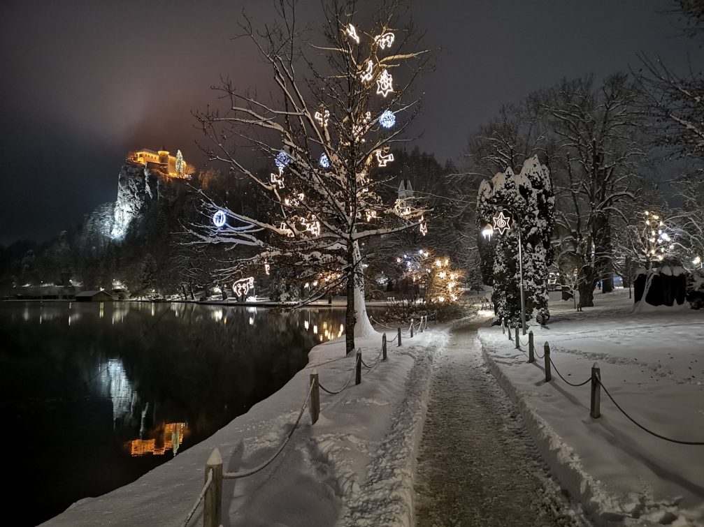 Lake Bled in Slovenia at night in the holiday season