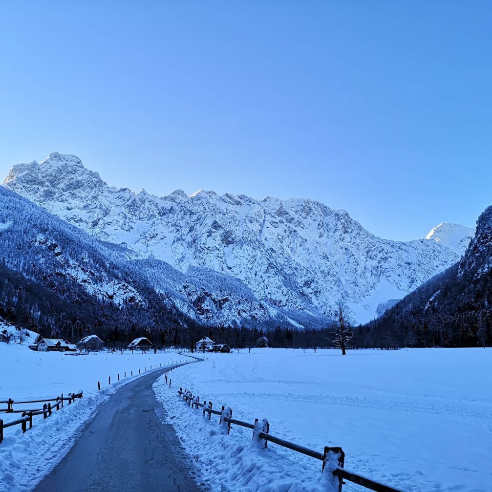 Logarska Valley in Slovenia covered in snow on a beautiful winter day