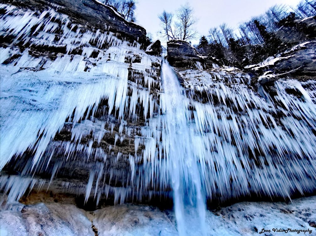 Pericnik Falls in Slovenia frozen over in winter