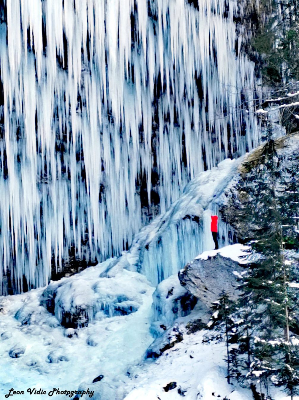 Pericnik Waterfall turned into a giant wall of icicles and floes in winter