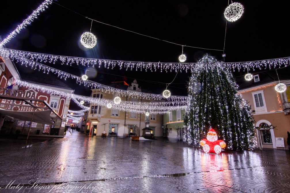 Ptuj decorated with Christmas lights in the holiday season at night 