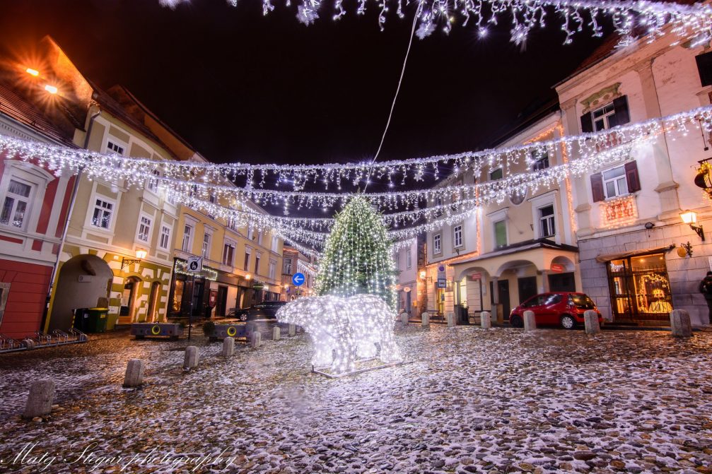 Ptuj in the Christmas season at night with thousands of holiday lights