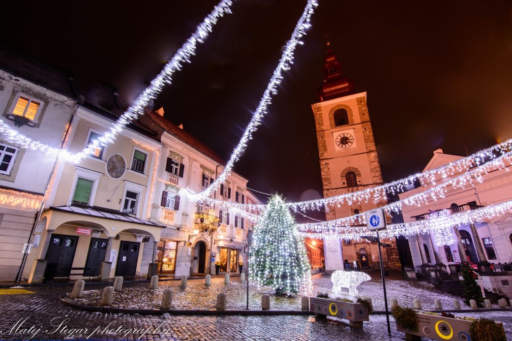 Town of Ptuj in Slovenia at night in the Christmas season